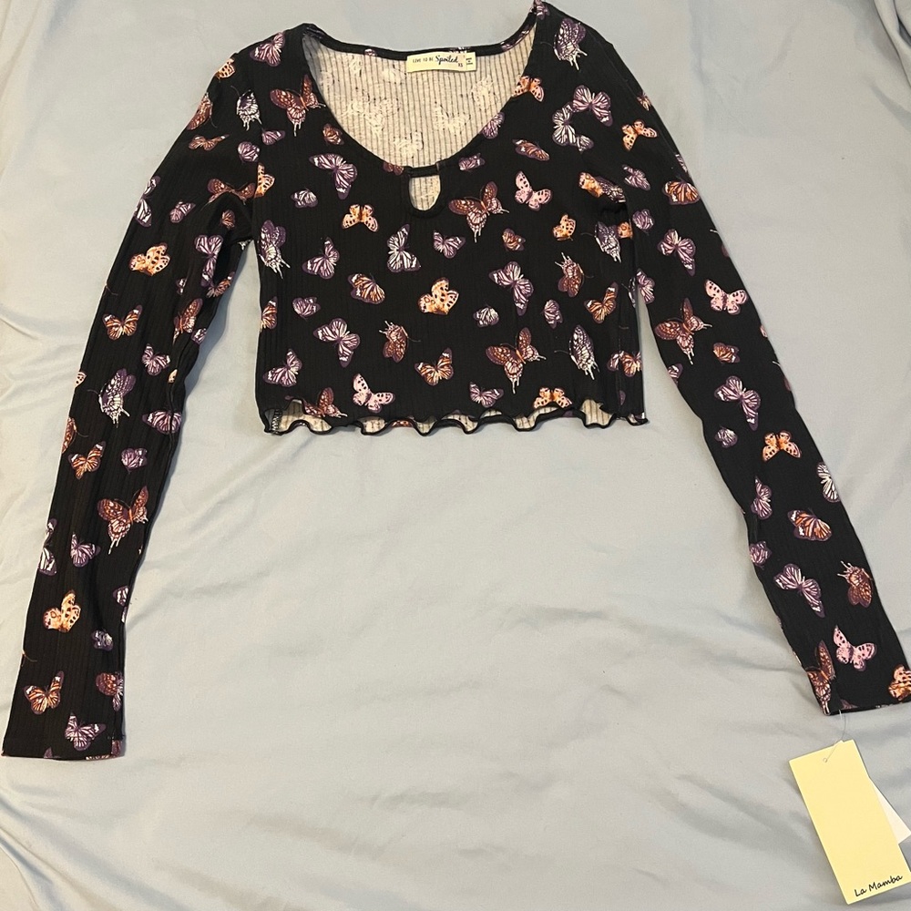 Black Butterfly Print Women's Top